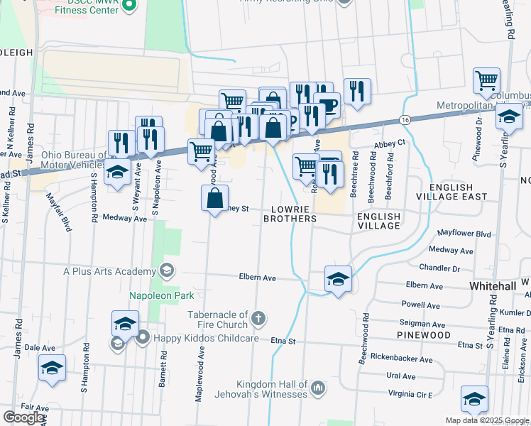 map of restaurants, bars, coffee shops, grocery stores, and more near 136 Collingwood Avenue in Whitehall