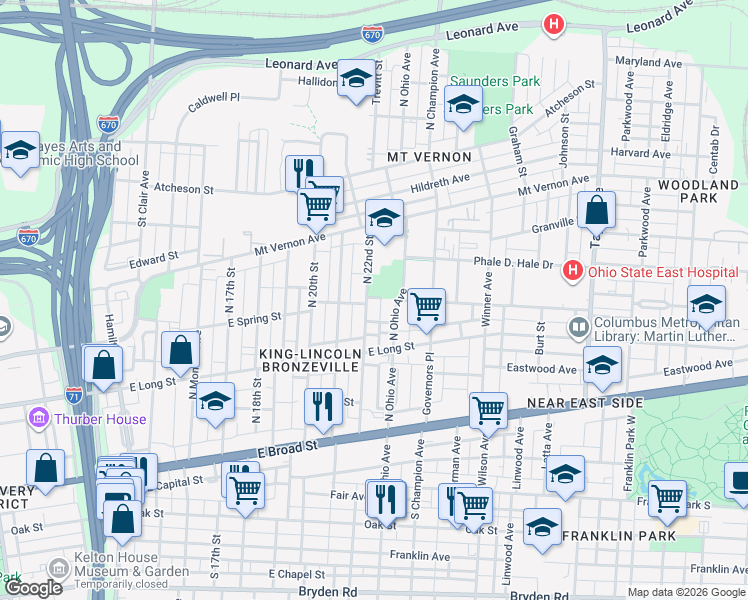 map of restaurants, bars, coffee shops, grocery stores, and more near 225 North 22nd Street in Columbus