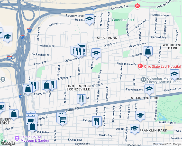map of restaurants, bars, coffee shops, grocery stores, and more near 225 North 22nd Street in Columbus