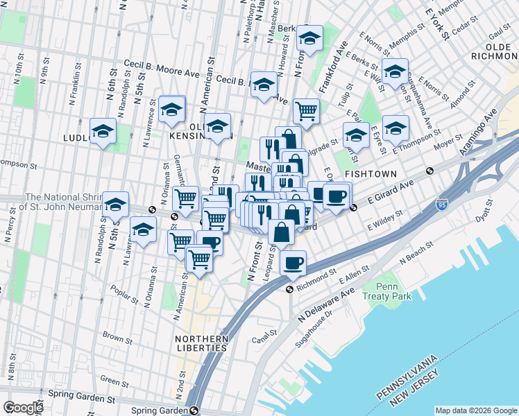 map of restaurants, bars, coffee shops, grocery stores, and more near 1257 North Howard Street in Philadelphia