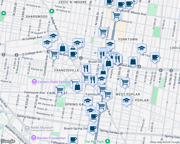 map of restaurants, bars, coffee shops, grocery stores, and more near 1515 Poplar Street in Philadelphia