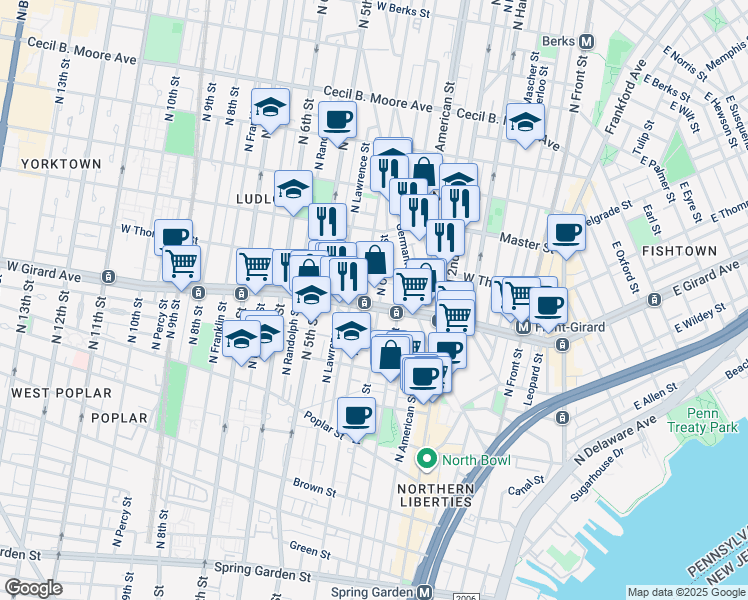 map of restaurants, bars, coffee shops, grocery stores, and more near in Philadelphia
