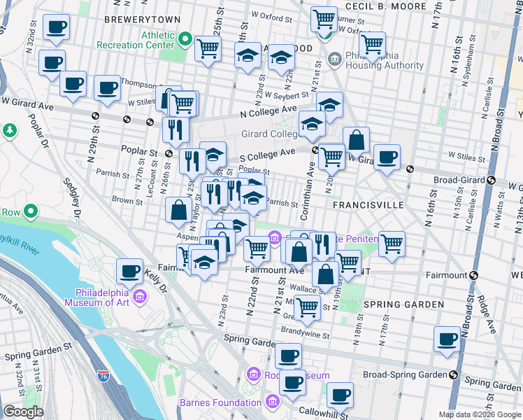 map of restaurants, bars, coffee shops, grocery stores, and more near 812 North 22nd Street in Philadelphia