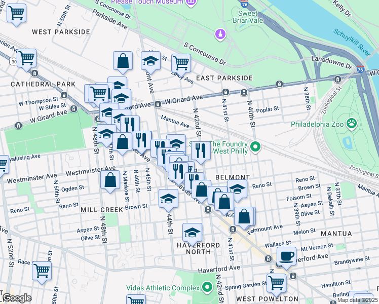 map of restaurants, bars, coffee shops, grocery stores, and more near 4231 Westminster Avenue in Philadelphia