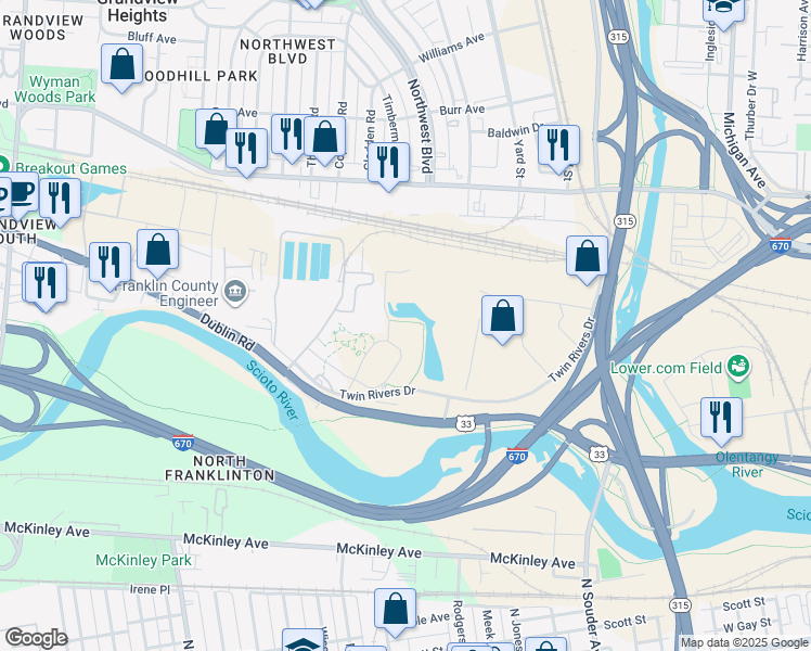 map of restaurants, bars, coffee shops, grocery stores, and more near 770 Twin Rivers Dr in Columbus
