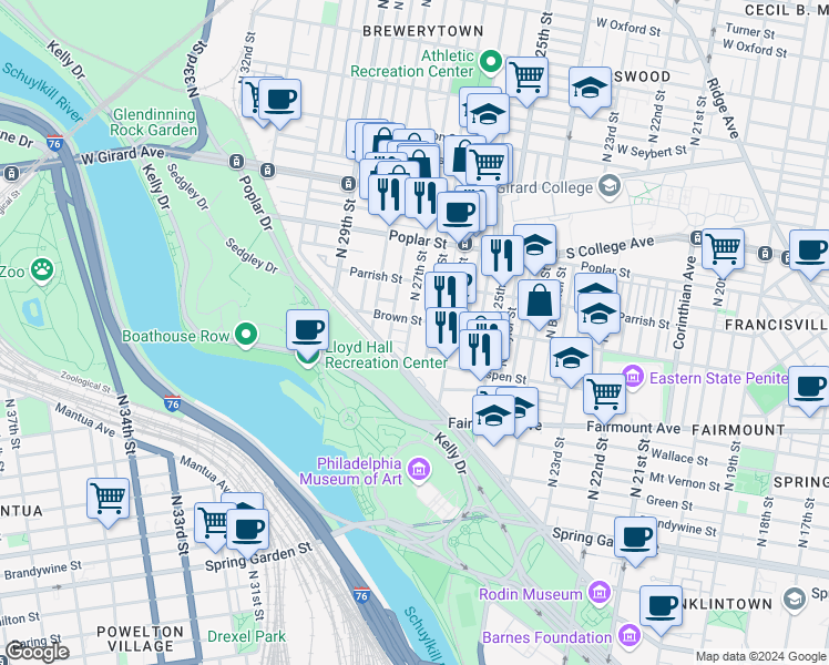 map of restaurants, bars, coffee shops, grocery stores, and more near 787 North 27th Street in Philadelphia
