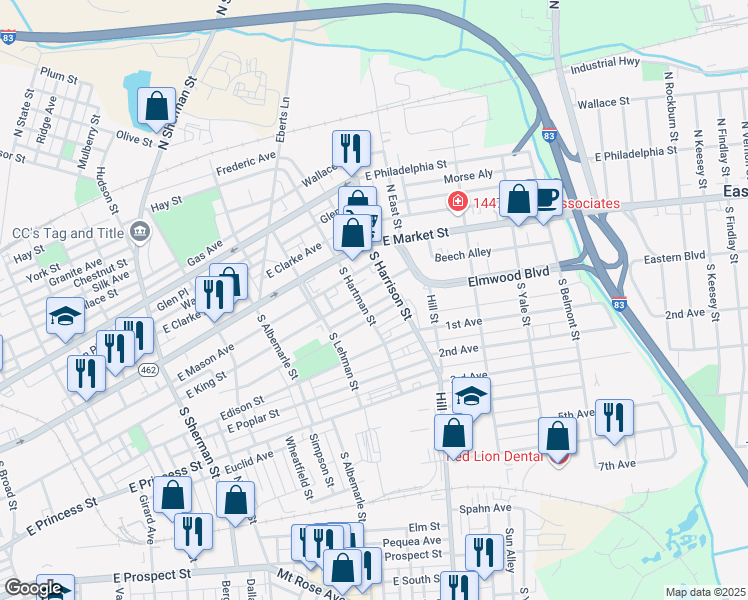 map of restaurants, bars, coffee shops, grocery stores, and more near 1208 East King Street in York