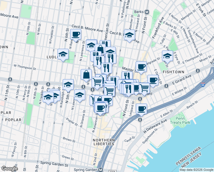 map of restaurants, bars, coffee shops, grocery stores, and more near 1220 North 2nd Street in Philadelphia