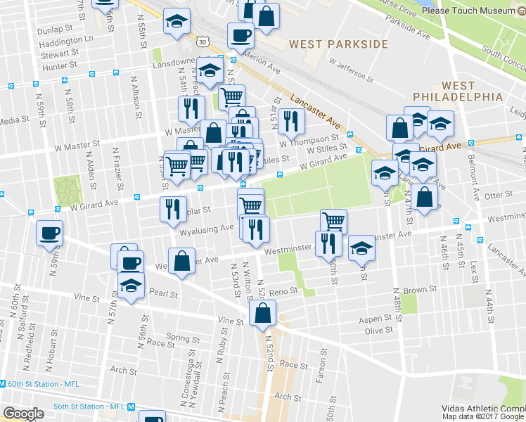 map of restaurants, bars, coffee shops, grocery stores, and more near 625 North Creighton Street in Philadelphia