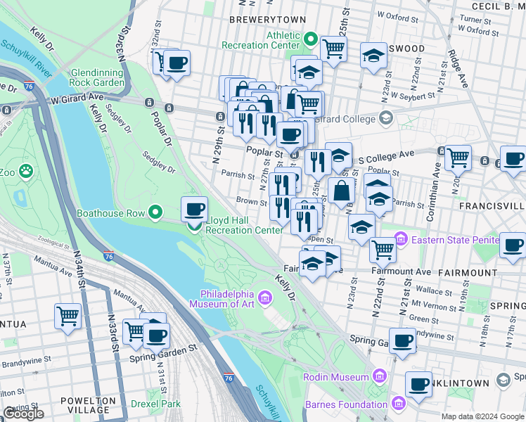 map of restaurants, bars, coffee shops, grocery stores, and more near 787 North 27th Street in Philadelphia