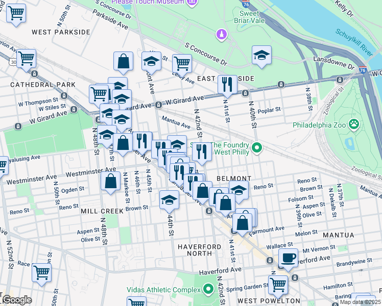 map of restaurants, bars, coffee shops, grocery stores, and more near 4229 Westminster Avenue in Philadelphia