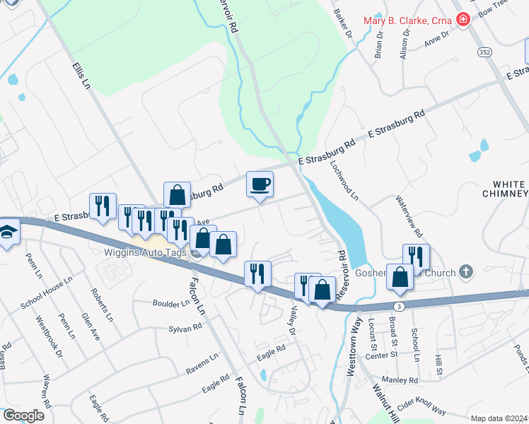 map of restaurants, bars, coffee shops, grocery stores, and more near 1330 Park Avenue in West Chester