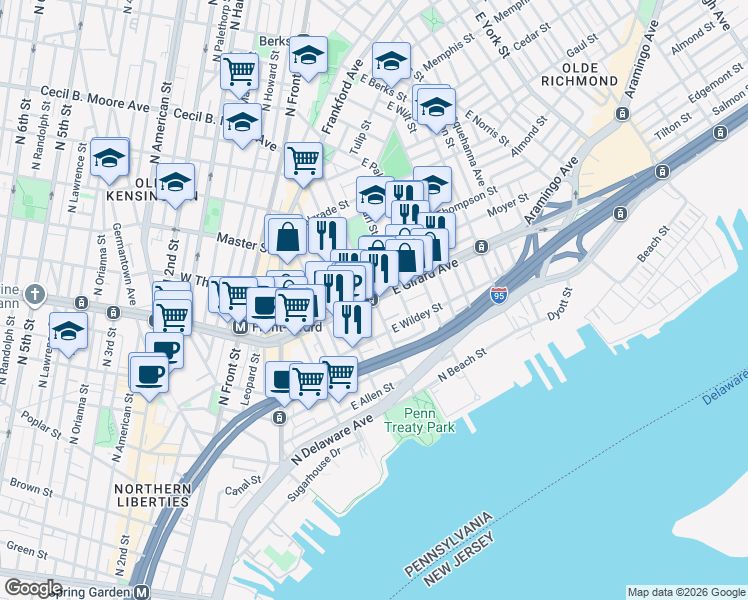 map of restaurants, bars, coffee shops, grocery stores, and more near East Girard Avenue & East Columbia Avenue in Philadelphia