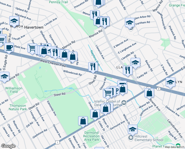 map of restaurants, bars, coffee shops, grocery stores, and more near 447 Naylors Run Road in Havertown