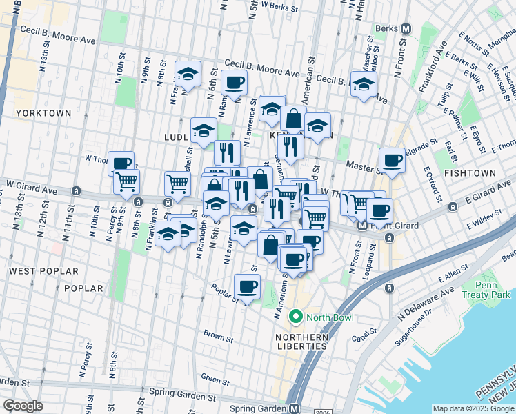 map of restaurants, bars, coffee shops, grocery stores, and more near 331 West Girard Avenue in Philadelphia