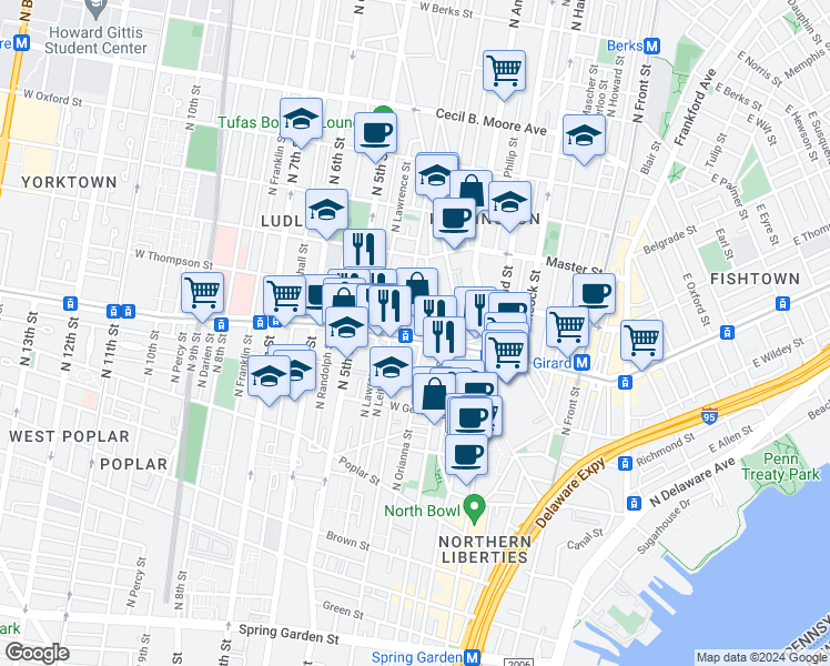 map of restaurants, bars, coffee shops, grocery stores, and more near 331 West Girard Avenue in Philadelphia