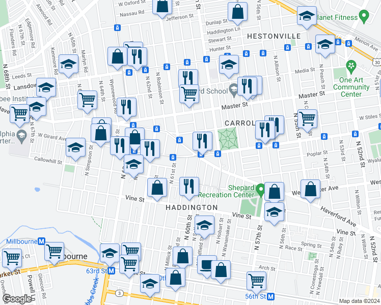 map of restaurants, bars, coffee shops, grocery stores, and more near 6010 Haverford Avenue in Philadelphia
