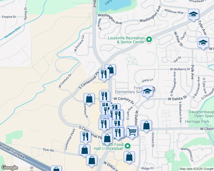 map of restaurants, bars, coffee shops, grocery stores, and more near 133 McCaslin Boulevard in Louisville
