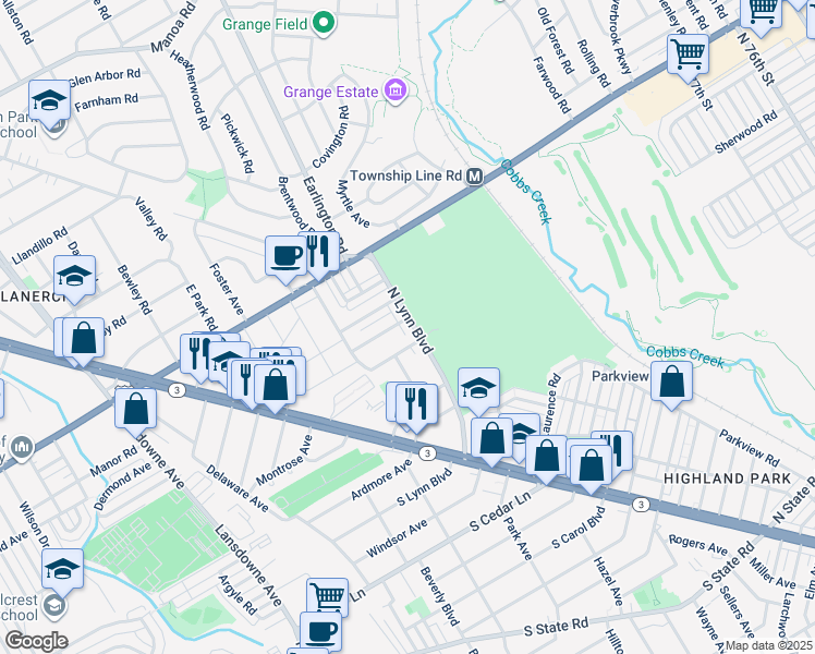 map of restaurants, bars, coffee shops, grocery stores, and more near 214 North Lynn Boulevard in Upper Darby