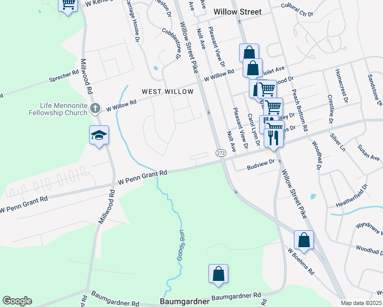 map of restaurants, bars, coffee shops, grocery stores, and more near 29 Southside Drive in Willow Street