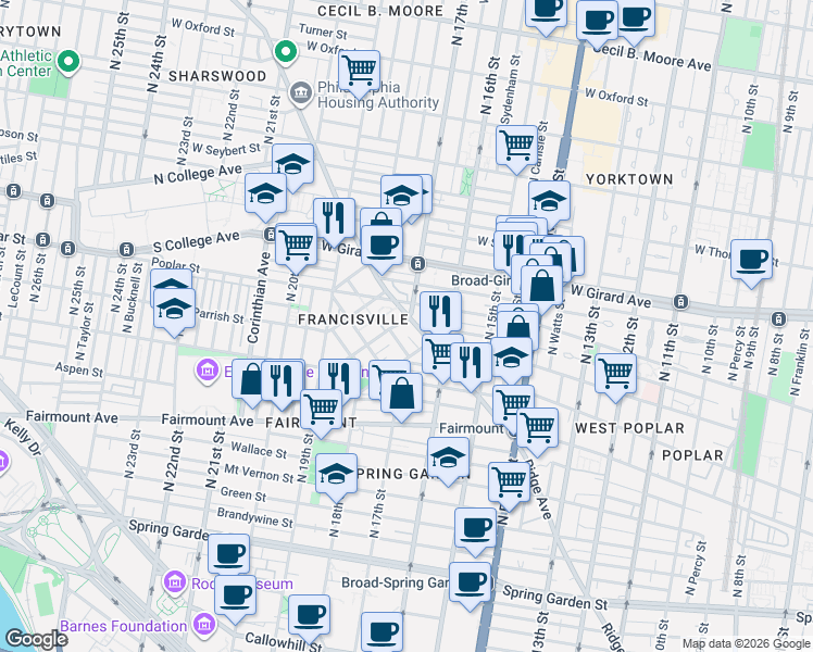 map of restaurants, bars, coffee shops, grocery stores, and more near 1700 Ridge Avenue in Philadelphia