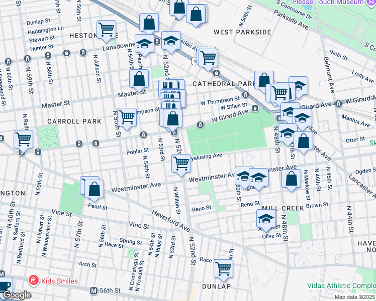 map of restaurants, bars, coffee shops, grocery stores, and more near 625 North Creighton Street in Philadelphia