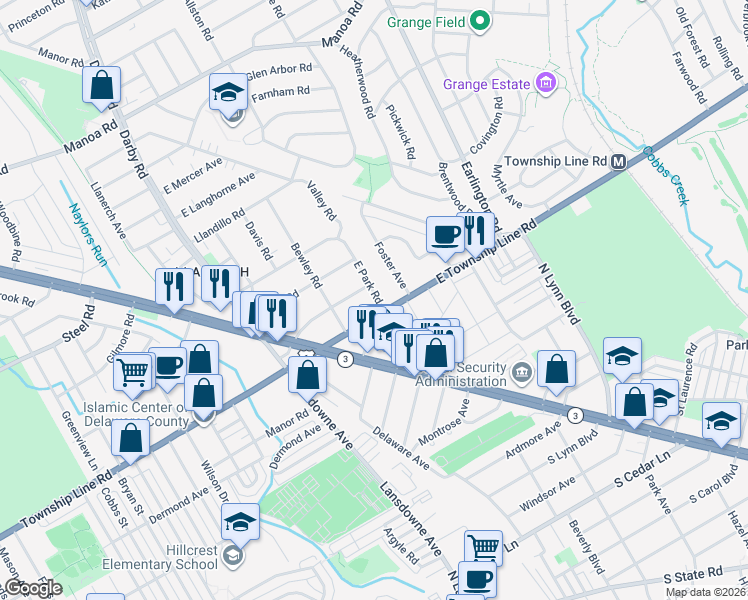 map of restaurants, bars, coffee shops, grocery stores, and more near 219 East Park Road in Havertown
