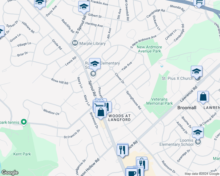 map of restaurants, bars, coffee shops, grocery stores, and more near 410 Harvard Avenue in Broomall