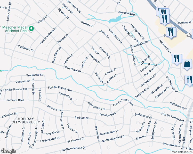 map of restaurants, bars, coffee shops, grocery stores, and more near 28 Van Gogh Street in Toms River