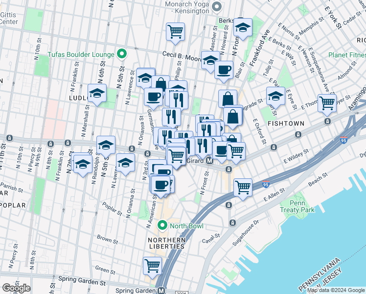 map of restaurants, bars, coffee shops, grocery stores, and more near 1222 North Hancock Street in Philadelphia