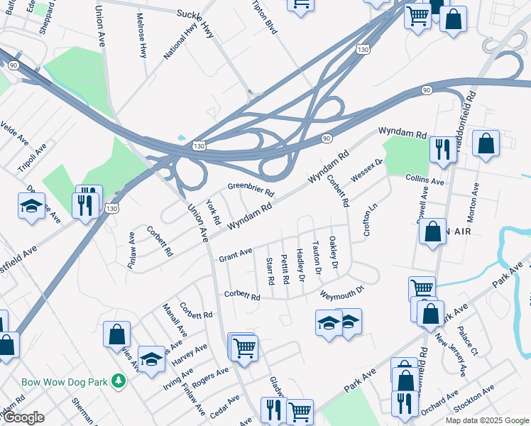 map of restaurants, bars, coffee shops, grocery stores, and more near 7880 Wyndam Road in Pennsauken Township