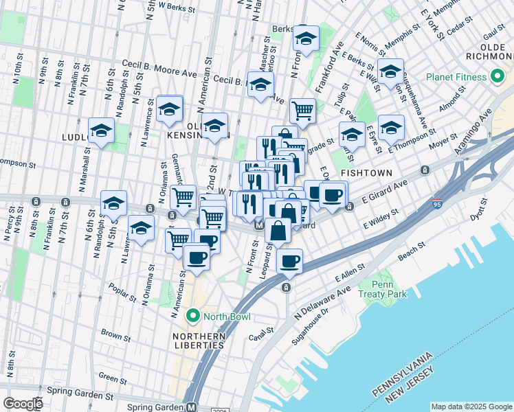 map of restaurants, bars, coffee shops, grocery stores, and more near 1249 Hope Street in Philadelphia