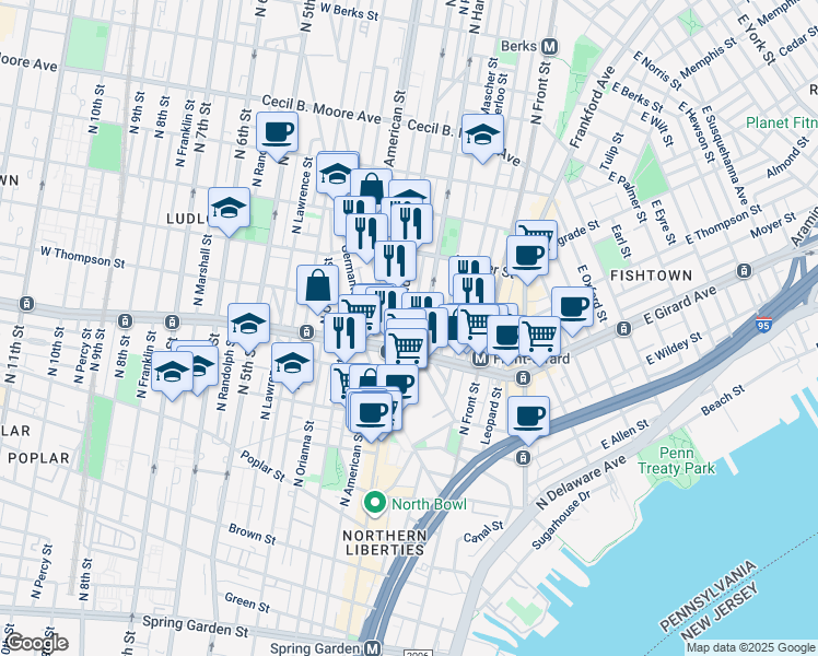 map of restaurants, bars, coffee shops, grocery stores, and more near 1224 North Palethorp Street in Philadelphia