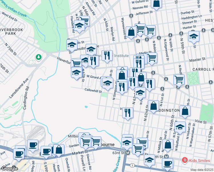 map of restaurants, bars, coffee shops, grocery stores, and more near 432 North 65th Street in Philadelphia