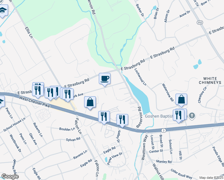 map of restaurants, bars, coffee shops, grocery stores, and more near 1334 Park Avenue in West Chester