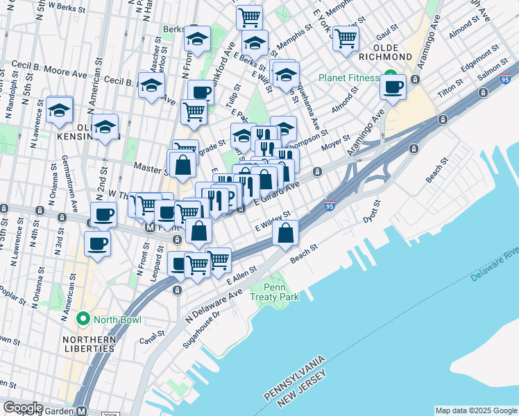 map of restaurants, bars, coffee shops, grocery stores, and more near 1130 Earl Street in Philadelphia