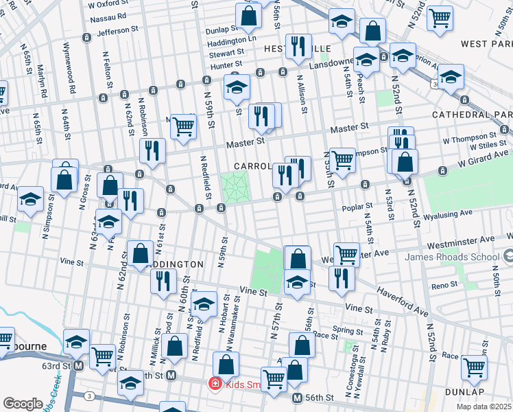 map of restaurants, bars, coffee shops, grocery stores, and more near 565 North 58th Street in Philadelphia