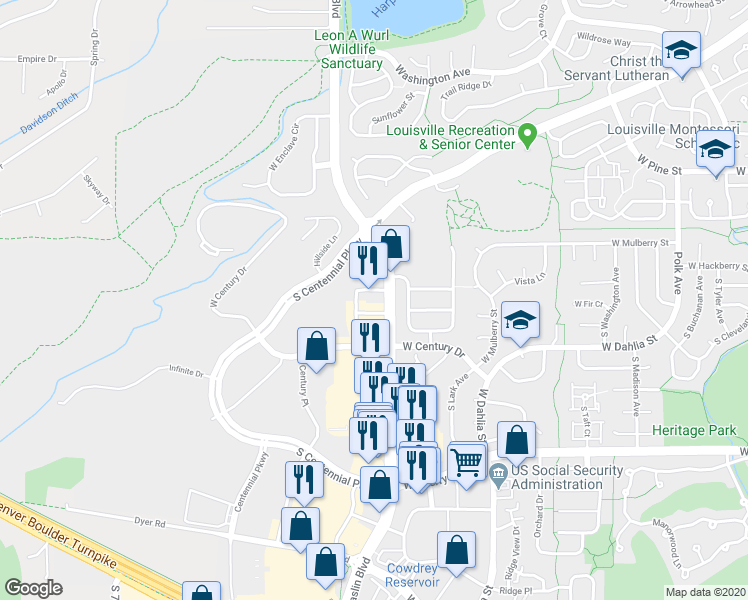 map of restaurants, bars, coffee shops, grocery stores, and more near 133 McCaslin Boulevard in Louisville