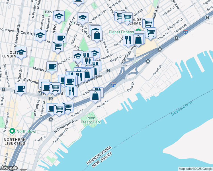 map of restaurants, bars, coffee shops, grocery stores, and more near 13 East Wildey Street in Philadelphia