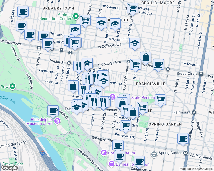 map of restaurants, bars, coffee shops, grocery stores, and more near 825 North 22nd Street in Philadelphia