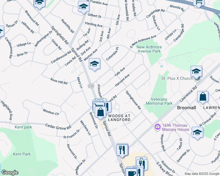 map of restaurants, bars, coffee shops, grocery stores, and more near 410 Harvard Avenue in Broomall