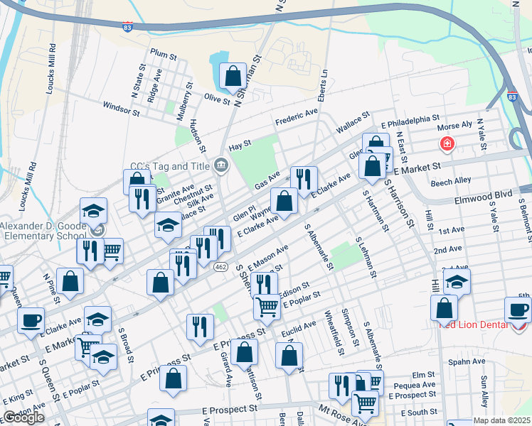 map of restaurants, bars, coffee shops, grocery stores, and more near 41 North Tremont Street in York