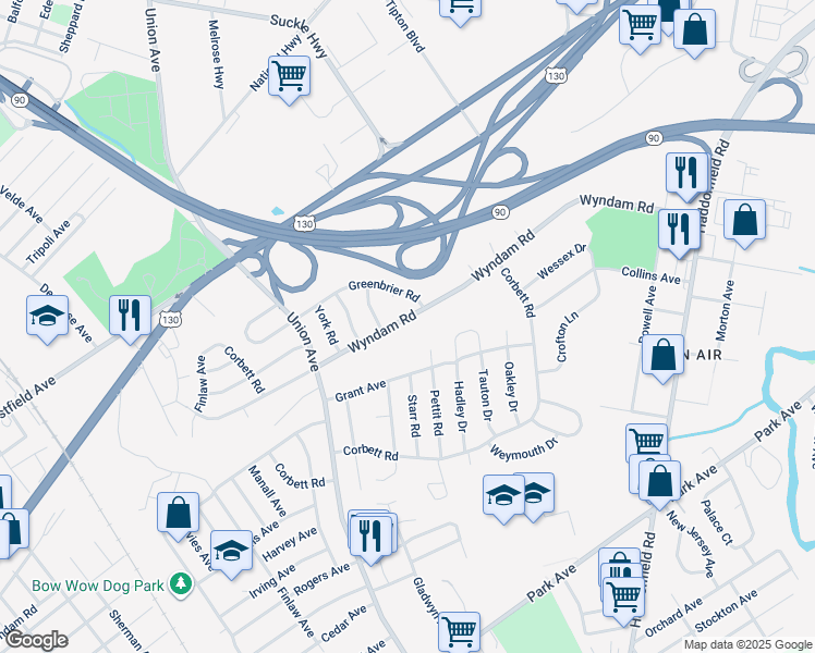 map of restaurants, bars, coffee shops, grocery stores, and more near 7880 Wyndam Road in Pennsauken Township