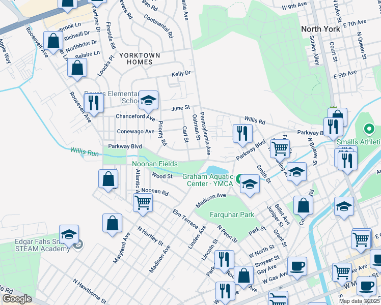 map of restaurants, bars, coffee shops, grocery stores, and more near 730 Priority Road in York