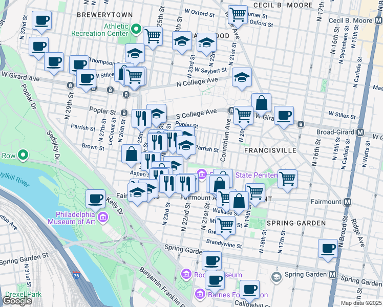 map of restaurants, bars, coffee shops, grocery stores, and more near 825 North 22nd Street in Philadelphia