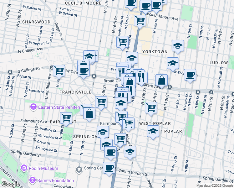 map of restaurants, bars, coffee shops, grocery stores, and more near 1434 Poplar Street in Philadelphia