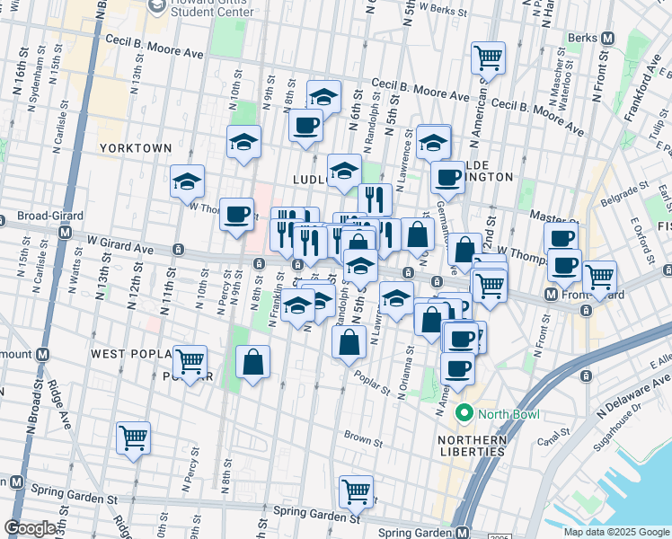 map of restaurants, bars, coffee shops, grocery stores, and more near 536 West Girard Avenue in Philadelphia