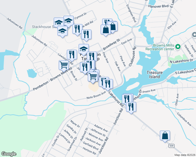 map of restaurants, bars, coffee shops, grocery stores, and more near 8 Trenton Road in Burlington County