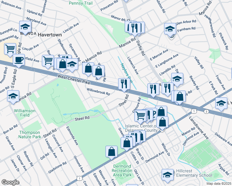 map of restaurants, bars, coffee shops, grocery stores, and more near 4 Westwood Park Drive in Havertown