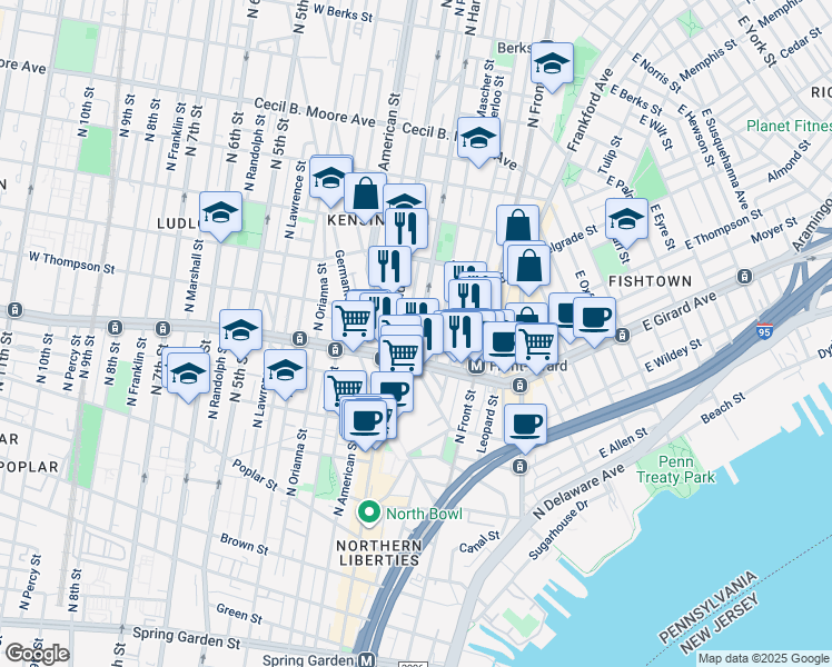 map of restaurants, bars, coffee shops, grocery stores, and more near 1222 North Hancock Street in Philadelphia